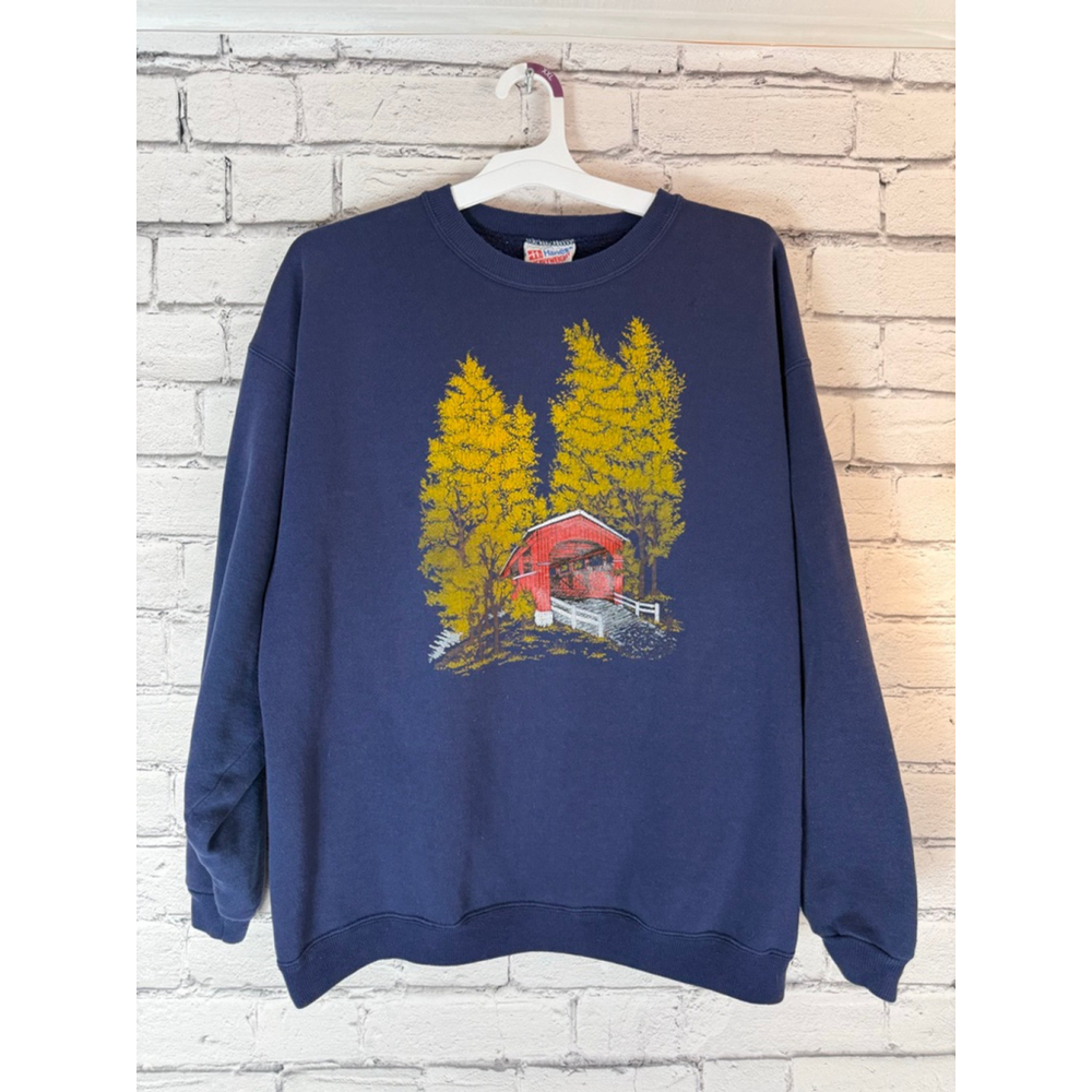 Unisex Vintage 90’s Hanes Sweatshirt size XL Blue Yellow Covered Bridge Graphic - Picture 2 of 7